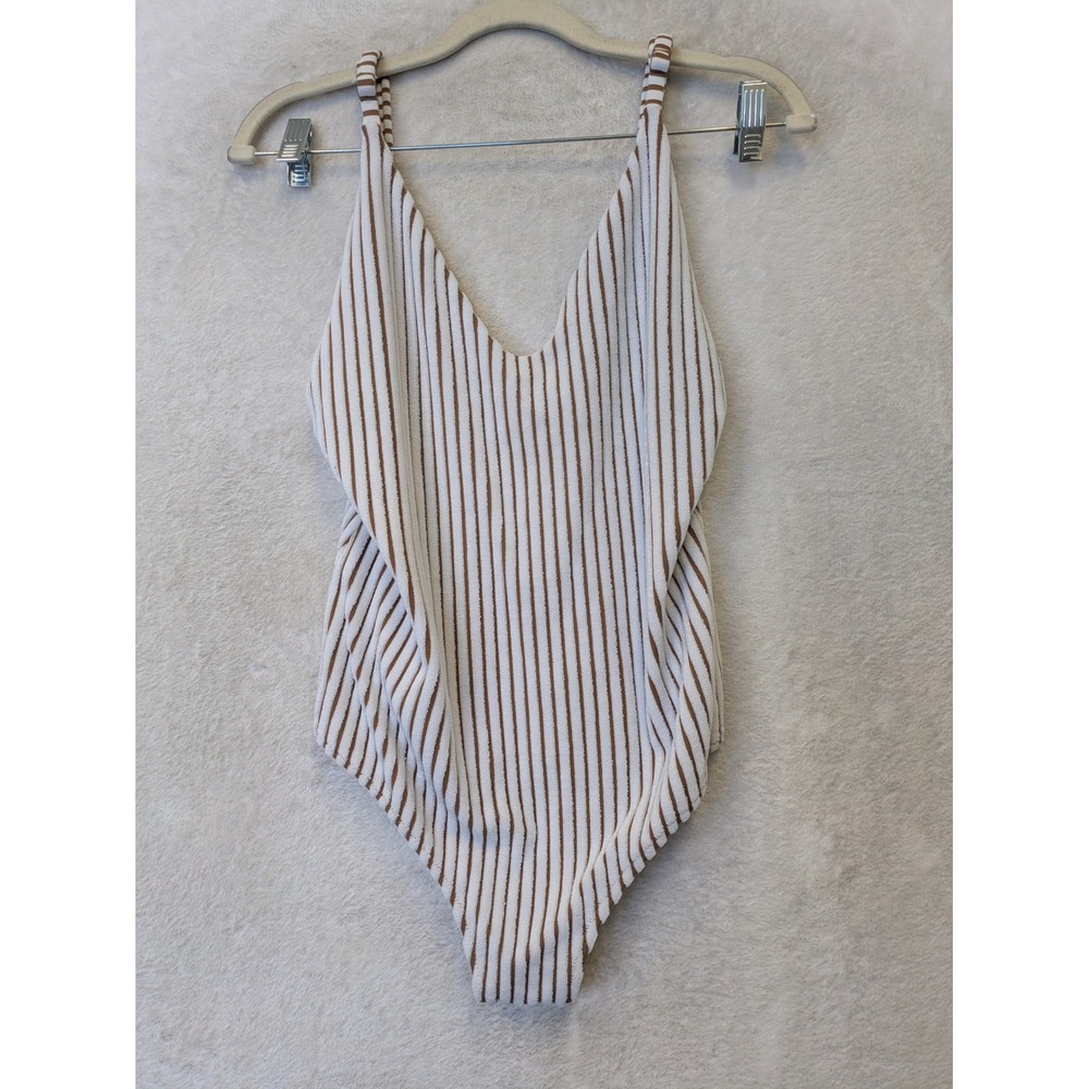 Aerie Striped One Piece Swimsuit Women's Size XL White Brown Ribbed V-Neck
